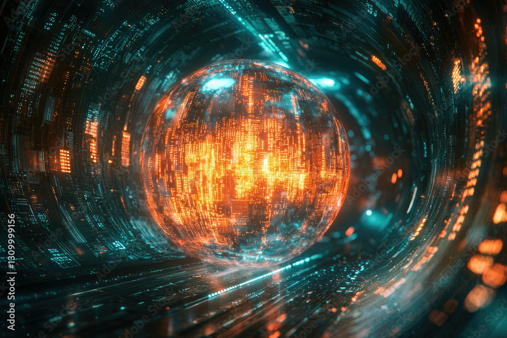 Poster A glowing orb of data travels through a futuristic digital tunnel, showcasing a vibrant and complex network.