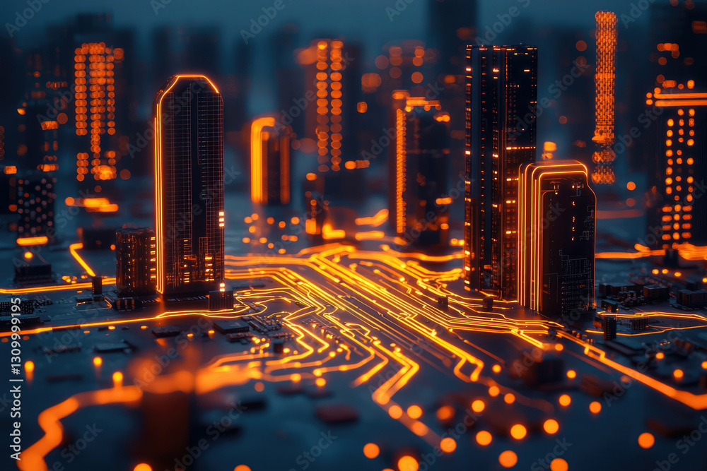 Poster futuristic cityscape built on a circuit board, showcasing the interconnectedness of technology and u
