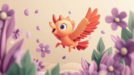 Obraz premium Cute bird flying amidst purple flowers, spring scene, children's book illustration