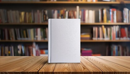 Mysterious Blank Book on a Wooden Table, Surrounded by a Blurred Bookshelf, Embracing an Aura of Anticipation in a Minimalist Scene with Rich Textures and Earthy Tones.