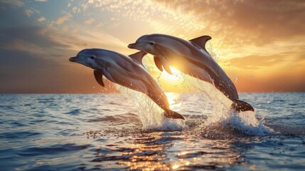 Obraz premium Dolphins leap gracefully above ocean waves during a stunning sunset on a warm evening