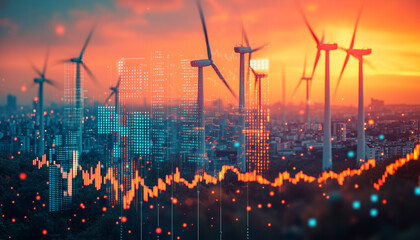 wind turbines and stock market data with cityscape