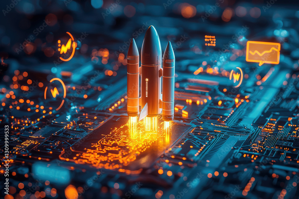 Poster a futuristic rocket launching from a circuit board, symbolizing technological innovation and rapid g