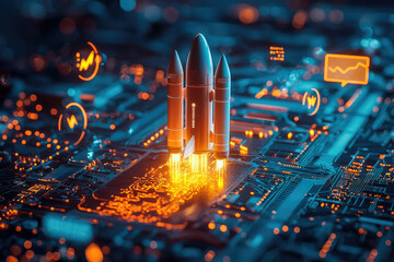 A futuristic rocket launching from a circuit board, symbolizing technological innovation and rapid growth.