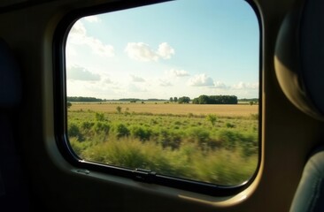 Scenic train journey through countryside with open fields and blue sky
