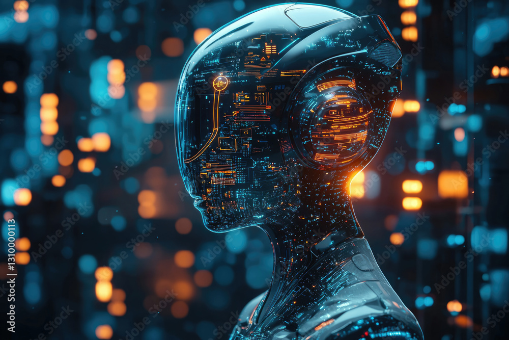 Poster a transparent robotic head with glowing circuits, showcasing futuristic technology in a city backdro