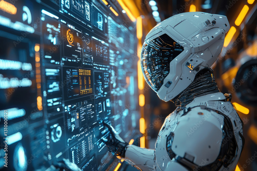 Poster A futuristic robot interacts with a complex digital interface, showcasing advanced technology and data analysis.