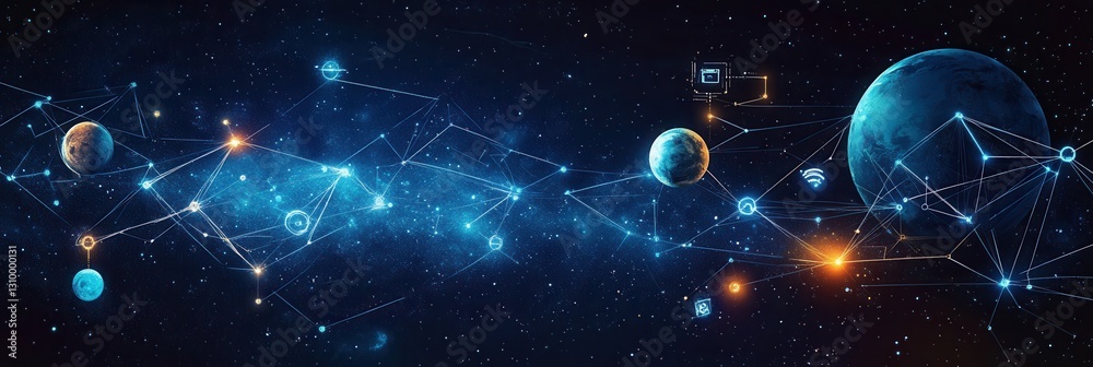 Poster exploring a dreamy cosmic landscape featuring connected planets and cosmic symbols in a deep blue ne