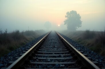 Fototapeta premium Misty sunrise over railway tracks in tranquil countryside landscape