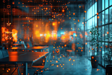 Modern office interior with futuristic digital overlay showing data streams and network connections.