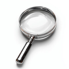 shiny magnifying glass with metallic handle is displayed on white background, emphasizing its reflective surface and clear lens