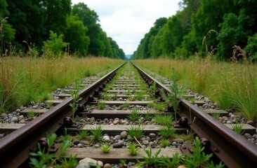 Scenic railway tracks in lush green landscape