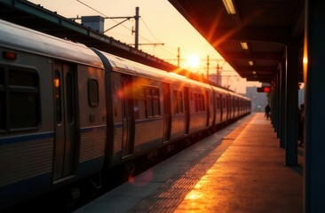 Sunset train journey at modern railway station platform