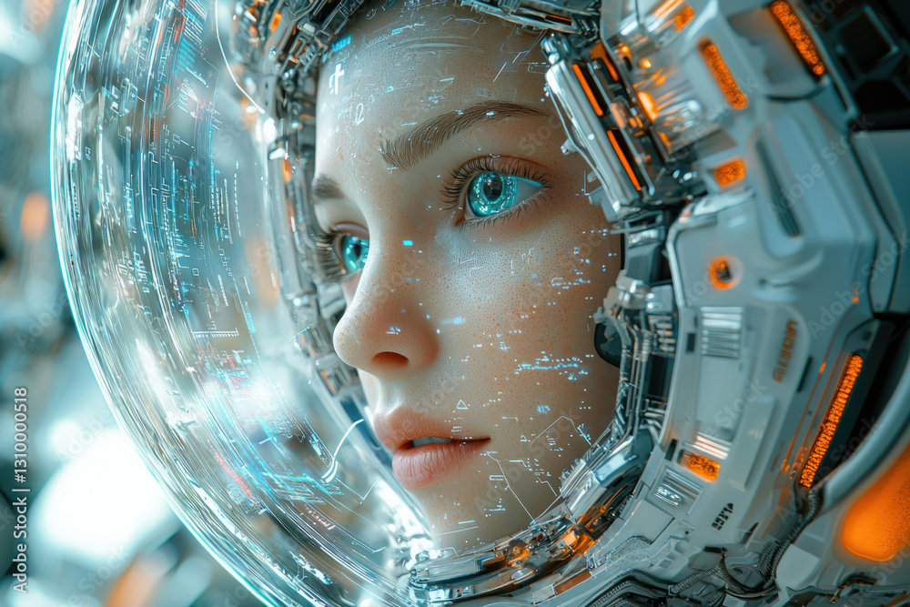 Poster a young woman's face is visible within a futuristic helmet displaying digital data.