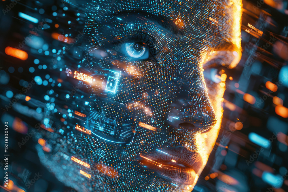 Poster A digital face composed of glowing particles and data streams, representing AI and technology.