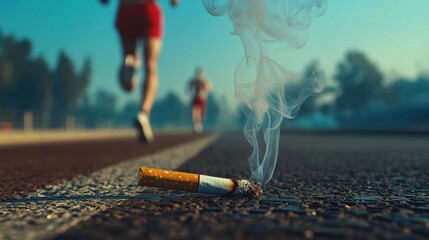 A person throws a cigarette on a track and starts running, representing quitting smoking to start a healthy lifestyle.
