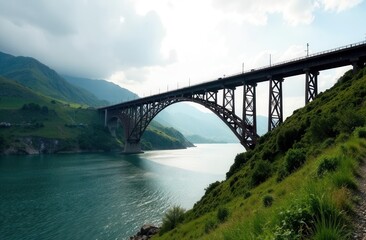 Obraz premium Tranquil railway bridge over serene river and scenic landscape