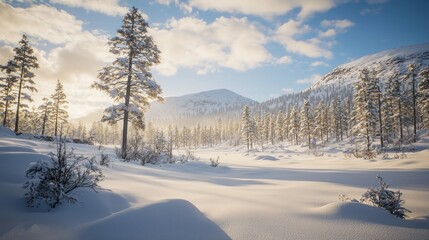 Obraz premium Snowy winter landscape, sunlit forest valley, mountains in background. Possible use nature, winter, travel