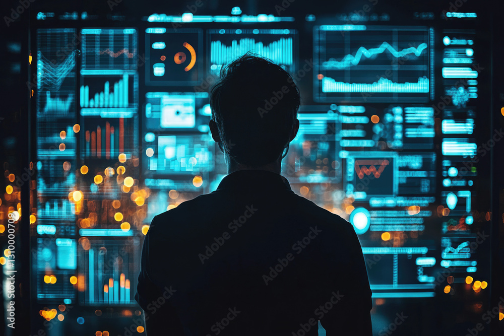 Aufkleber A person's back is shown, silhouetted against a large screen displaying numerous graphs and data points, representing data analysis and monitoring.