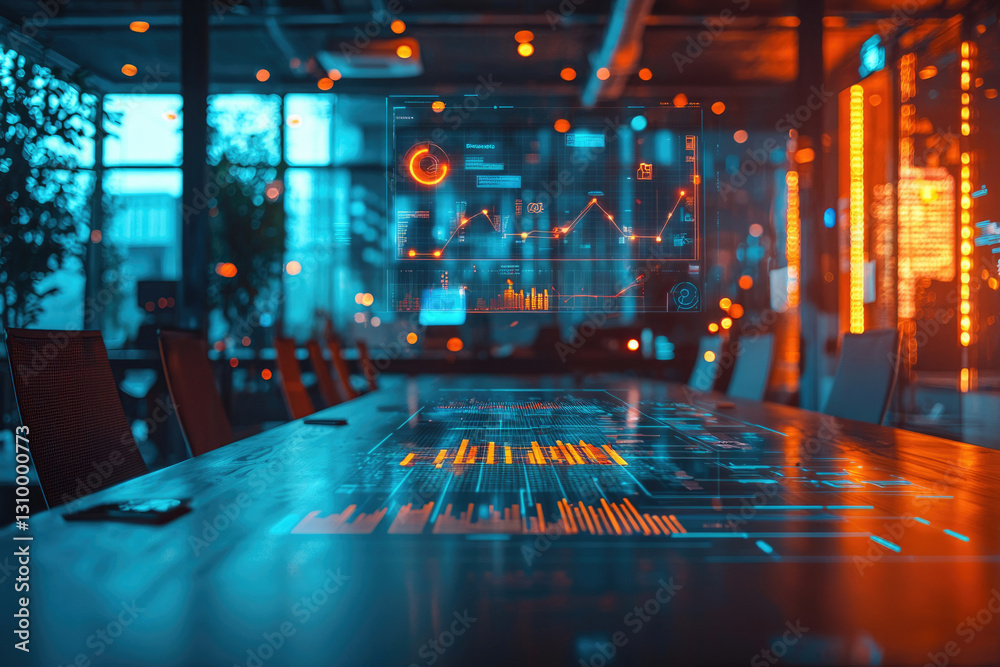 Poster futuristic conference table displays holographic data visualizations, showcasing business analytics 