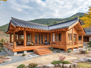 Fototapeta premium A wooden traditional house sits surrounded by garden and landscape