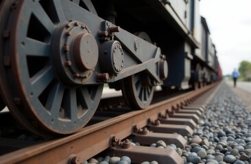 Close-up of vintage train wheels on railway tracks for industrial and transportation themes