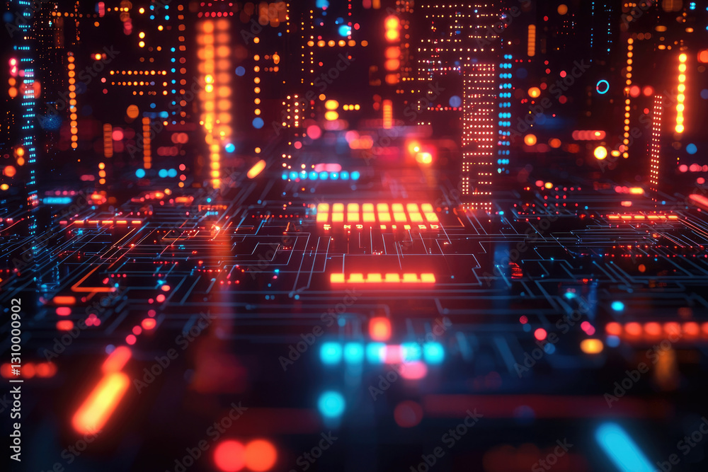 Aufkleber abstract digital cityscape with glowing circuit board, representing futuristic technology and data f