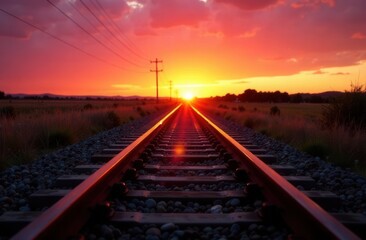Breathtaking sunset over railroad tracks in serene countryside landscape