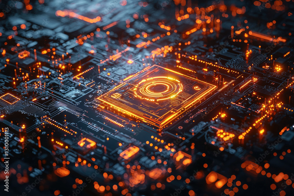 Aufkleber a glowing orange central processing unit on a complex circuit board, representing advanced technolog