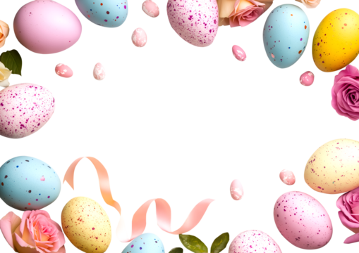 Easter colourful hand painted pastel eggs, ribbon, rose flower, scattered surround on transparent cutout PNG. Mockup template for design. Wallpaper banner border frame. flat lay top view