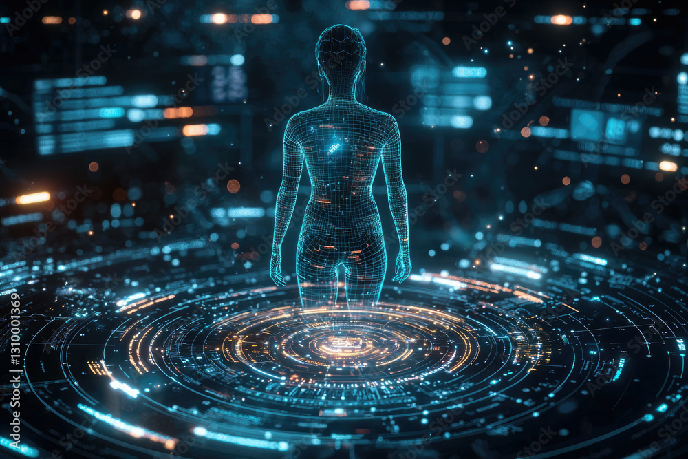 Poster a digital human model stands on a futuristic, glowing circular interface, representing technological