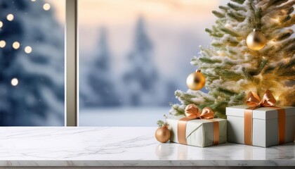 A Timeless Winter Scene A Sparkling Christmas Tree adorned with Lights and Gift Boxes rests on a White Marble Table, Set amidst a Pristine Winter Interior against a Mesmerizing Blue Backdrop,