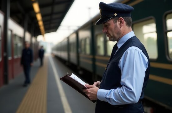 Railway station conductor managing train departures at platform