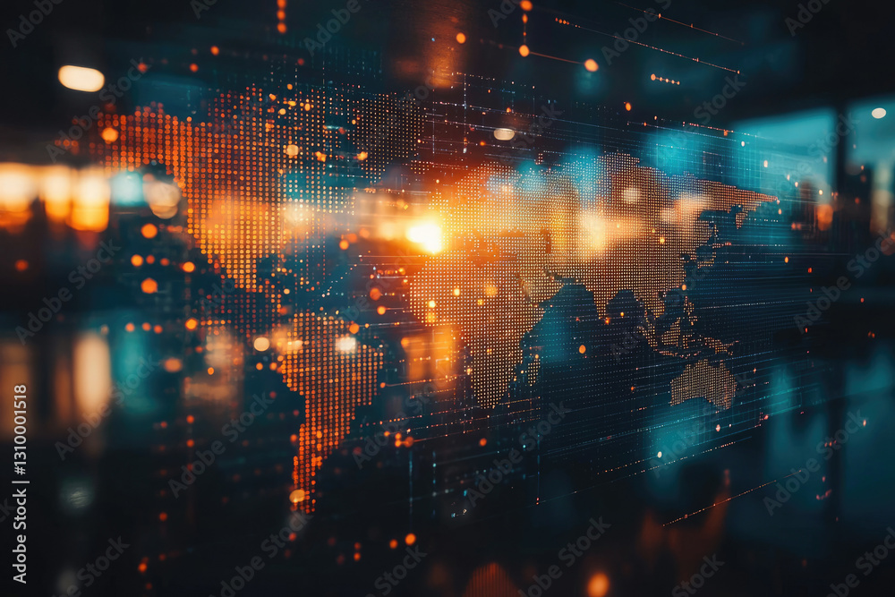 Poster Global network connection visualized as a world map with illuminated dots representing data flow and interconnectedness.