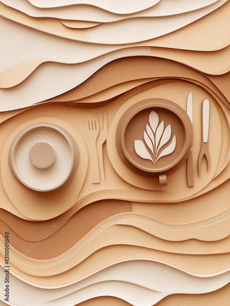 Aufkleber cozy paper art design featuring layered silhouettes of coffee cups and utensils in warm tones genera