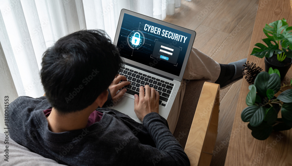 Poster cyber security system on computer screen protect private information snugly from hacker and cyber at