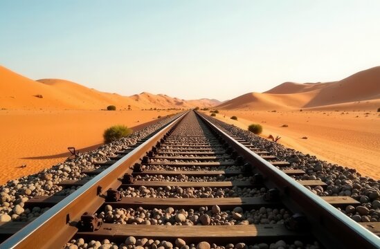 Endless railway track through desert landscape for travel and adventure themes