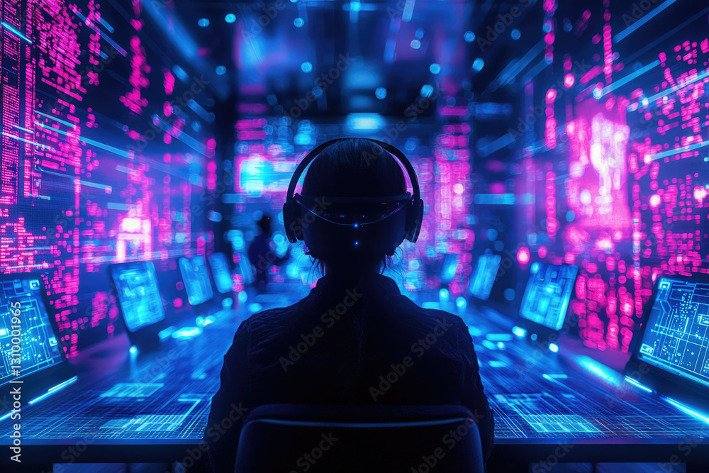 Poster a person wearing headphones sits before numerous computer screens displaying vibrant lines of code i