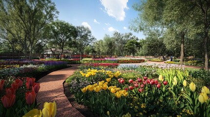 Fototapeta premium A peaceful, eco-friendly garden thrives with tulips and other horticultural plants. Blooming flowers and sustainable wildlife flourish in the public park's wooded harmony. 
