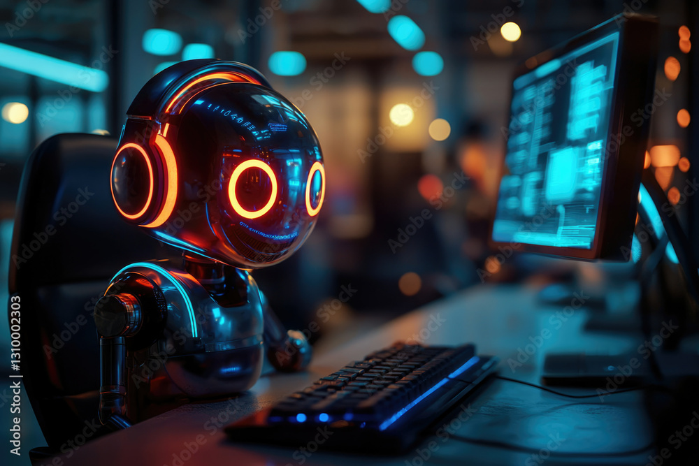 Poster a futuristic robot with headphones uses a computer in a vibrant, neon-lit setting.