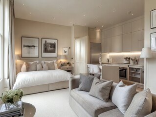 A modern studio apartment with open plan bedroom and kitchen