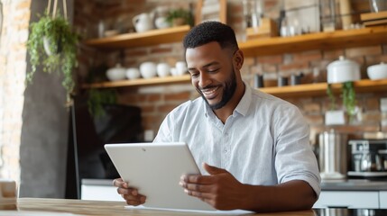 A Black business owner in his kitchen, leveraging a tablet to monitor social media trends