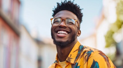A smiling young man dressed in freaky clothing exudes youthful energy and charisma.