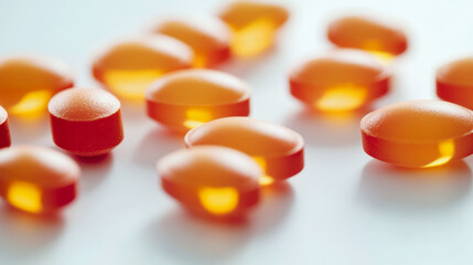 Orange capsules scattered on a white surface. Concept of health and supplements. For medical advertising or health-related content