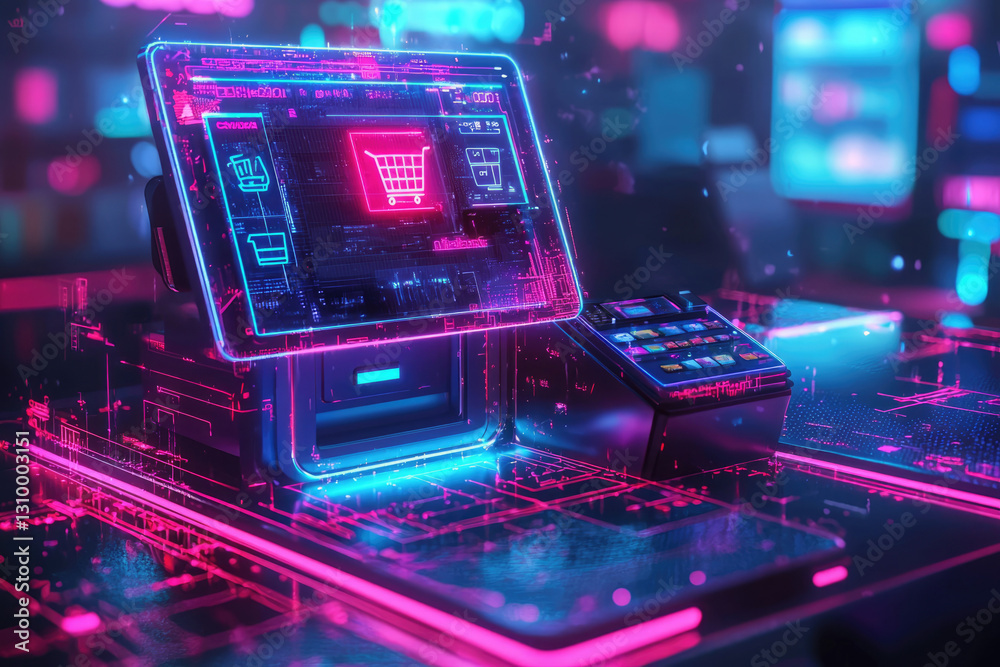 Poster futuristic neon-lit pos system with digital shopping cart interface; modern retail technology.