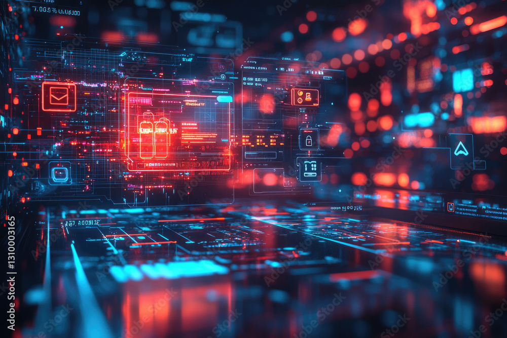 Aufkleber Abstract digital data visualization showcasing futuristic technology interface with glowing lines and symbols.