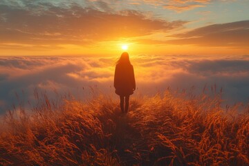 Obraz premium Woman silhouetted against sunset over clouds.