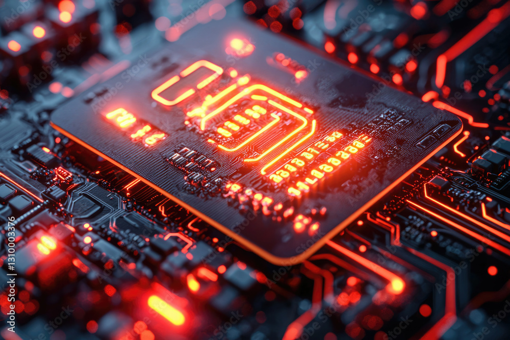 Poster Close-up of a computer processor, glowing orange, showcasing intricate circuitry and technological advancement.