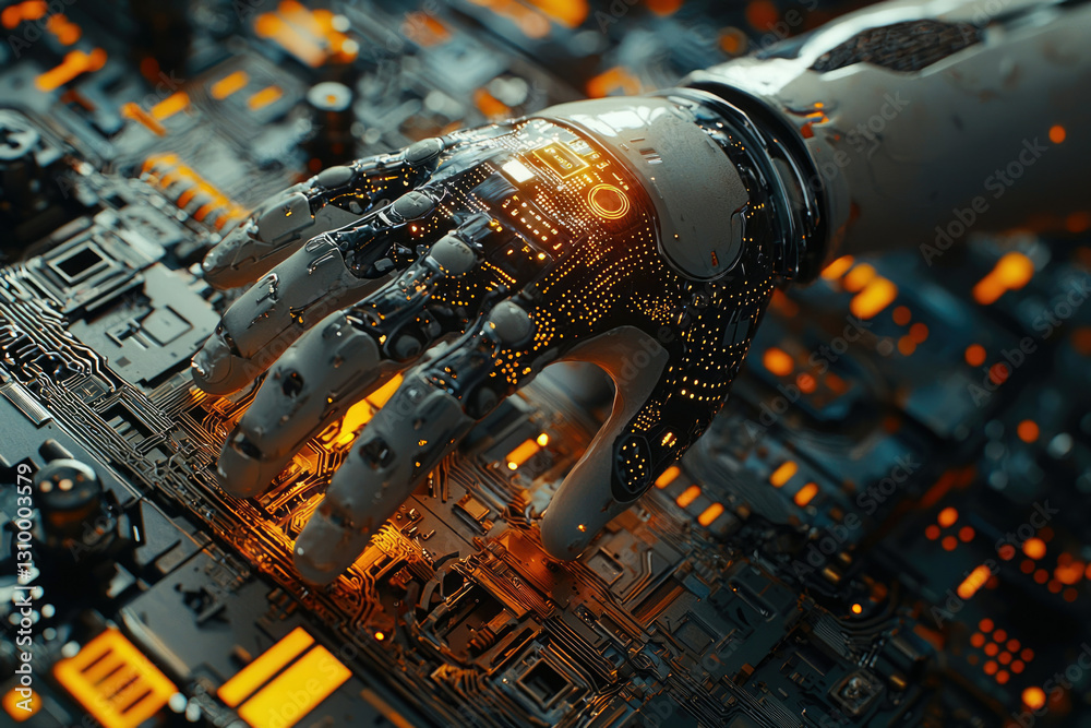 Poster A robotic hand interacts with a complex circuit board, showcasing futuristic technology and artificial intelligence.