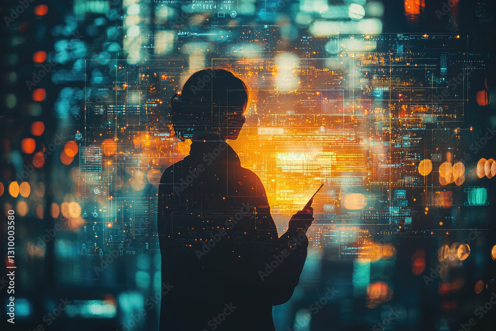 Poster silhouette of a woman interacting with a futuristic digital interface, glowing with data streams and
